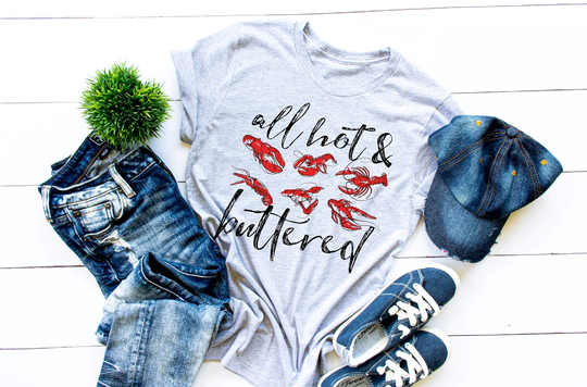 All Hot & Buttered Graphic Tee, Womens Unisex Triblend Crawfish Boil Funny Shirt, Love Crawfish, Mardi