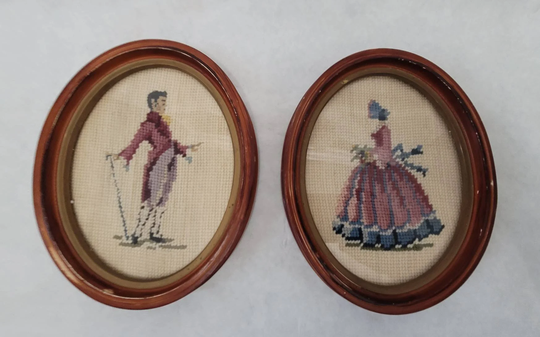 Vintage Victorian Man & Woman Framed Needle Point Art Wall Hanging Hand Made 60S