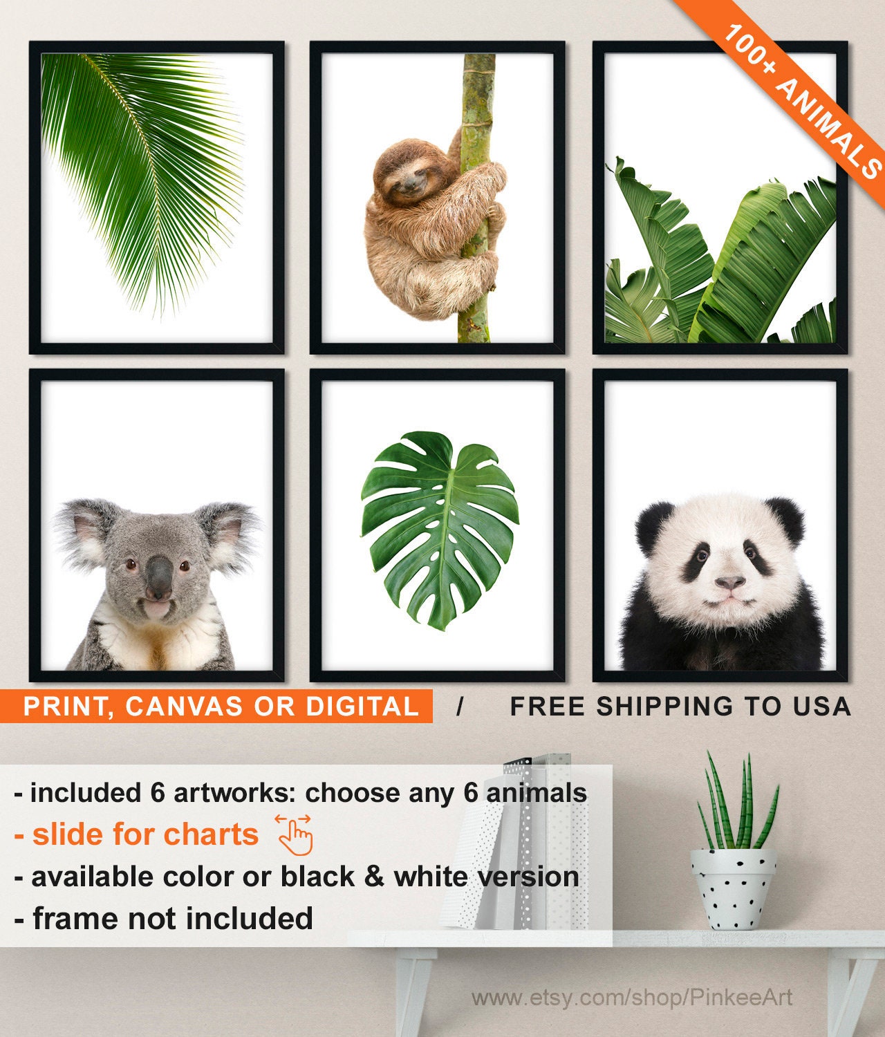 Shipped Baby Animal Photos, Tropical Leaves, Peekaboo Animals, Nursery Wall Prints, Neutral Gift, Sloth Koala Panda On Canvas