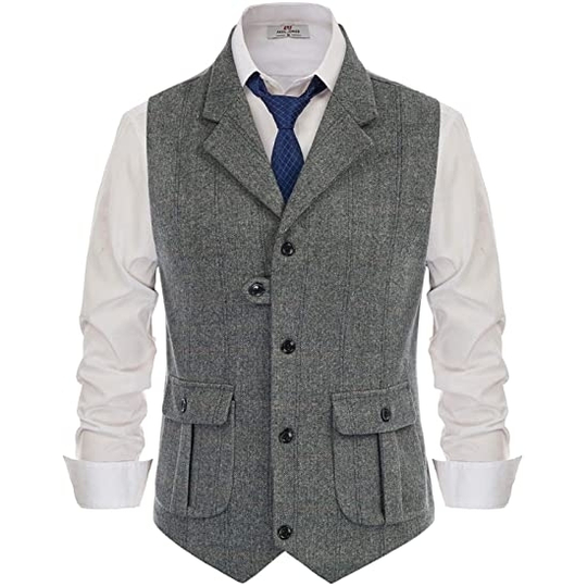 Mens Suit Vest Lapel Striped /Latticed Wool Tweed Blended Herringbone Silm Fit For Formal Casual Men's Vest Clothing 2021 - gray, xl - xl grey