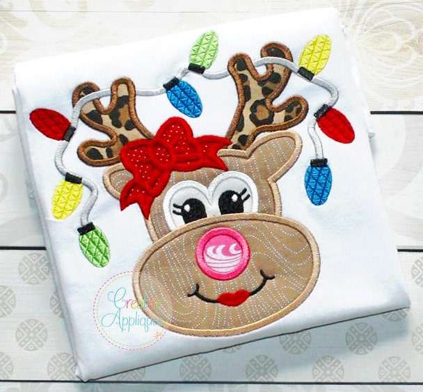 Reindeer With Bow & Lights Applique Shirt Or Bodysuit Child, Baby Adult
