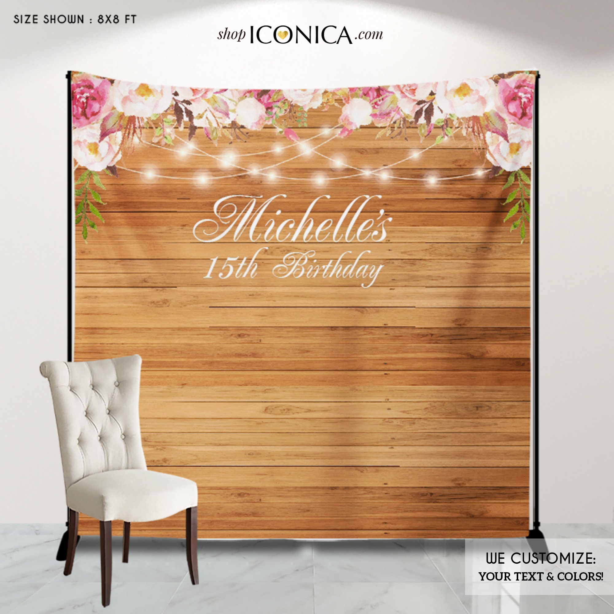 15Th Birthday Photo Backdrop Floral Quinceaera Backdrop, Quinceaera Decorations, Faux Wood Background Blush Rustic Banner, Any Age Or Text