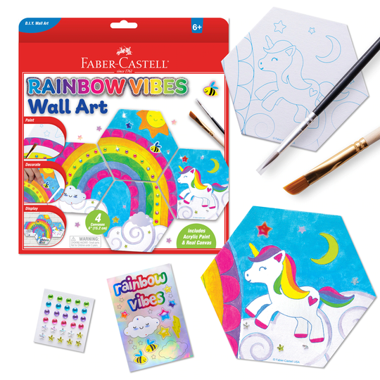 Faber-Castell Mix, blend and paint your own unicorn and rainbow work of art with Faber-Castell Rainbow Vibes Wall Art. Children will learn the basics