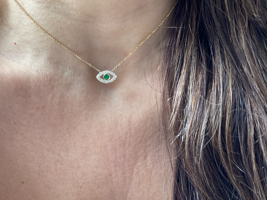 Emerald Diamond Evil Eye Necklace 0.32Ct/14K Gold Layering