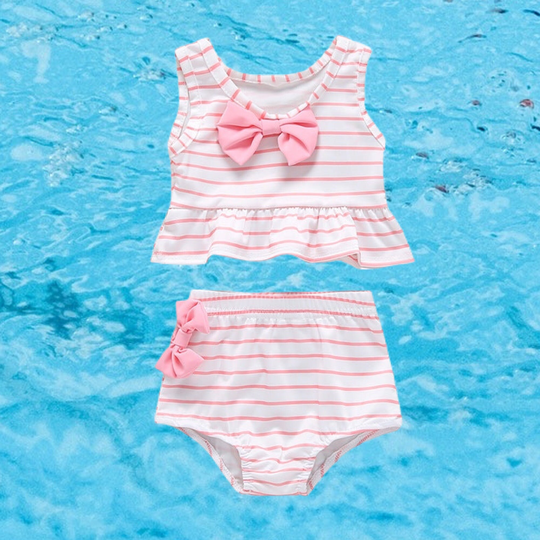Boho Baby Toddler Girls Pink & White Striped Bow Detailed Tankini Swimsuit Free Shipping