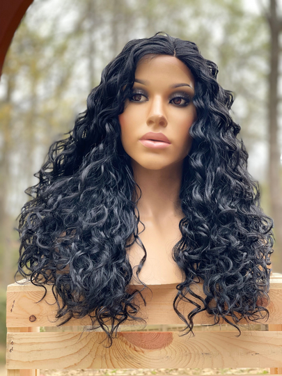 Human Hair Blend Wig Jet Black Curly Wig, 18" Deep Wave Hair Side Part Long Wig