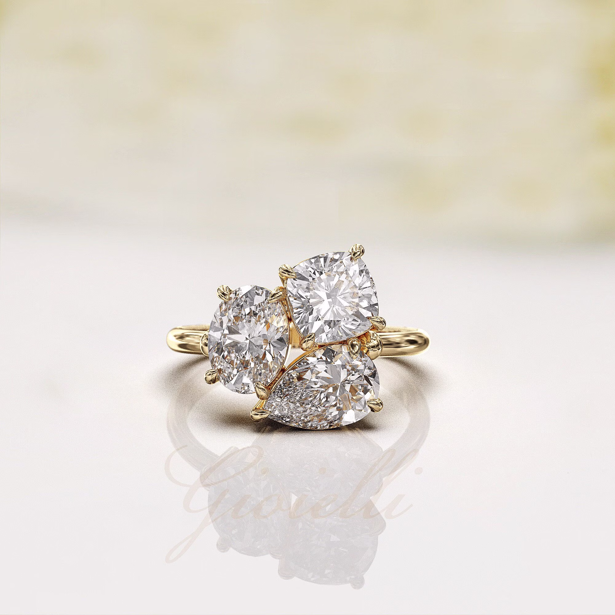 Moissanite Engagement Rings, 1Ct Oval/ Cushion Cut/ Pear Cut Moissanite, Unique 3 Stone Ring 3Ctw, 14K/18K Gold