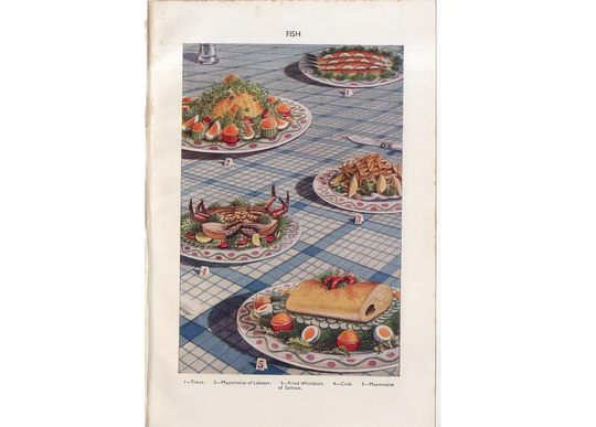 C. 1912 Fish Seafood Print Original Antique Food Mrs Beeton's Book Of Household Management Cooking Kitchen Art
