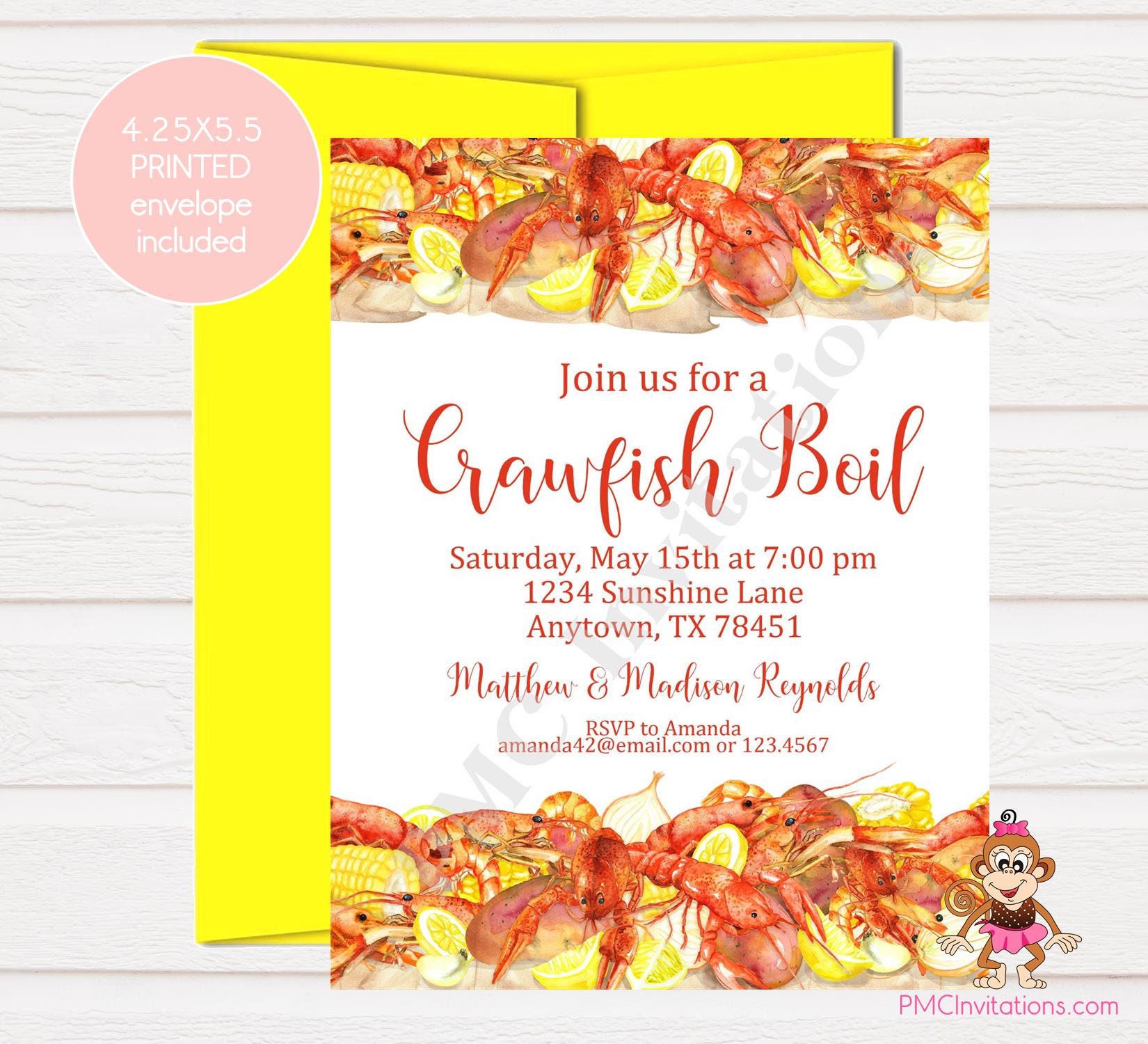 Custom Printed 4.25x5.5 Crawfish Boil Invitation, Crawfish, Cajun Seafood, Birthday, Baby Shower, Bridal Envelope Included
