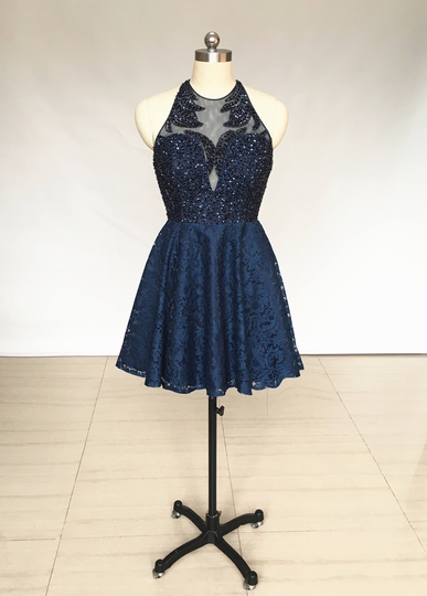 Backless Halter Navy Blue Lace Short Homecoming Dress