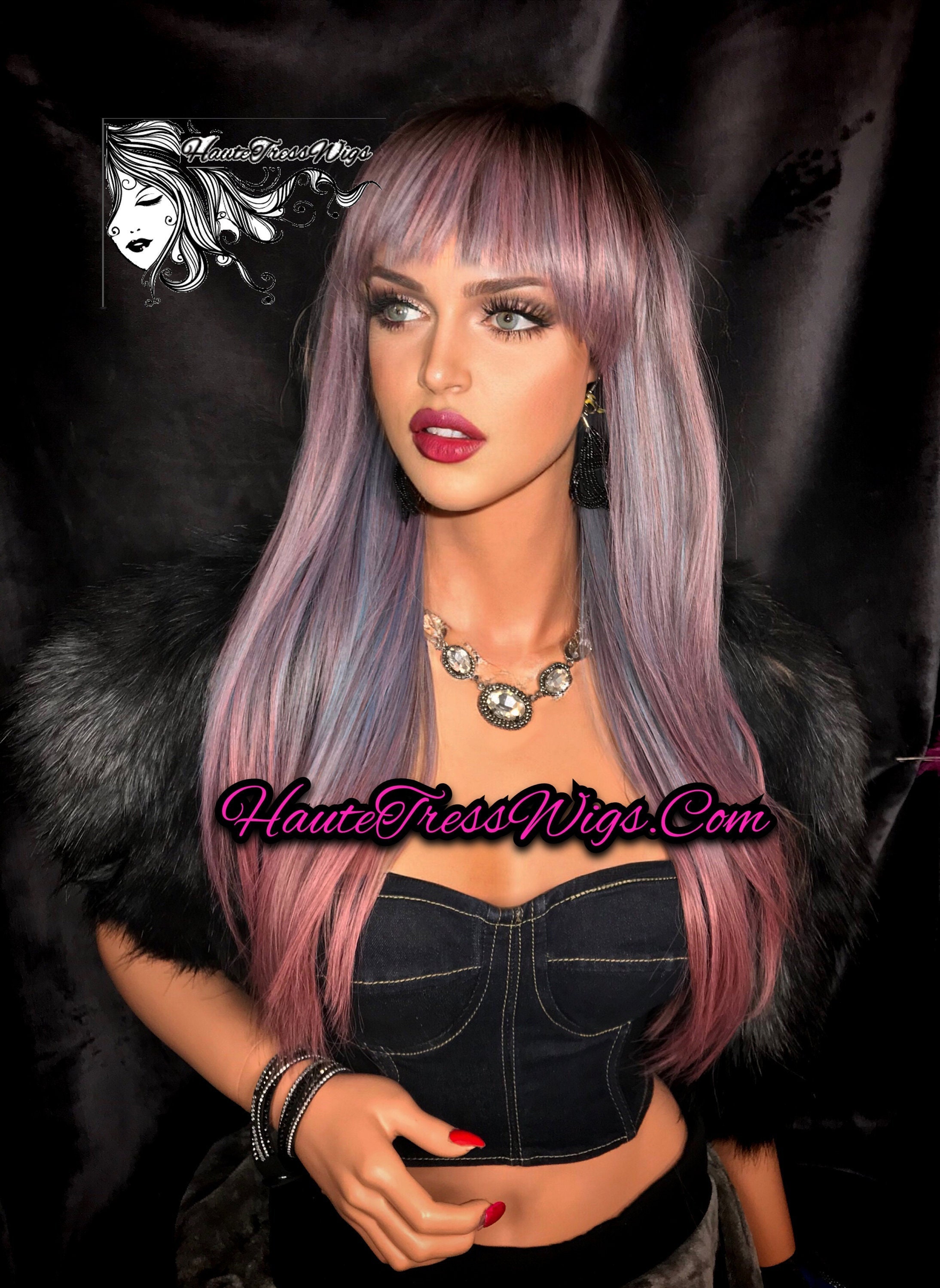 Fringes, Pastel, Human Hair Blend, Pink, Baby Blue, Smoky Pink Blue Mix Wig, Brown Root, Heat Safe Wig - Denim Rose Fg