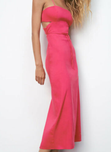 ZARA BNWT 2021. FUCHSIA LINEN STRAIGHT NECK BLEND DRESS CUT OUT. 3067/307