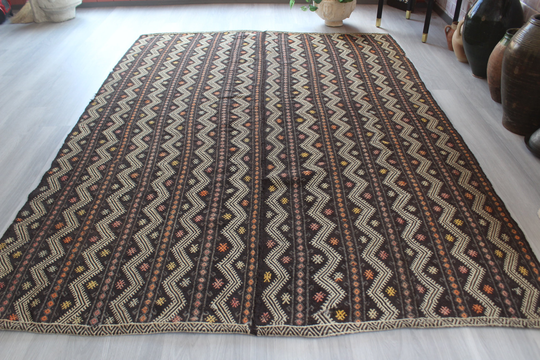 Ethnic Brown Kilim, Jijim Embroidered Kilim Rug, Bohemian Turkish Area Rug/N-610 6'9"x9'9" Feet