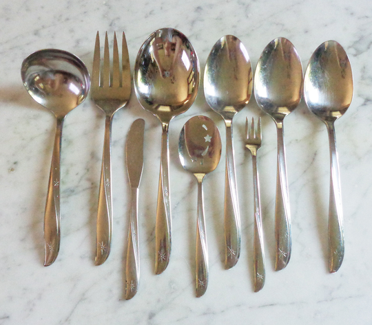 Twin Star Oneida Community Stainless Set Of 9 Serving Pieces Lot~ Casserole Spoon, Spoons, Fork, Jelly Ladle +