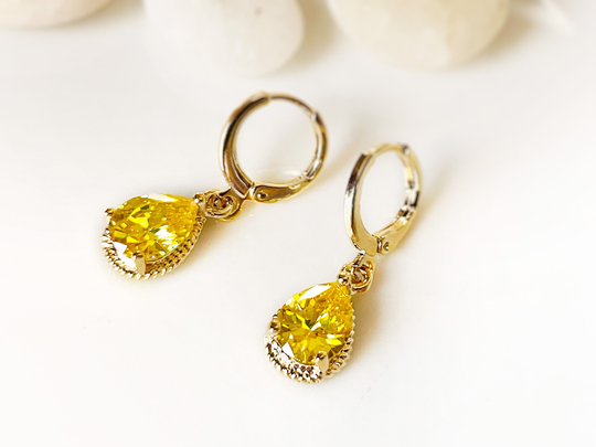 Citrine Teardrop Bezel Dangle Earrings 14K Gold, Small Yellow Gemstone Earrings, Gift For Her, Mom, November Birthstones