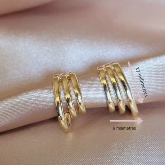 Gold Three Triple Hoop Earrings, Small Hoop, Tiny Earring, Thick Huggie Christmas Gift For Her, Daily Earrings
