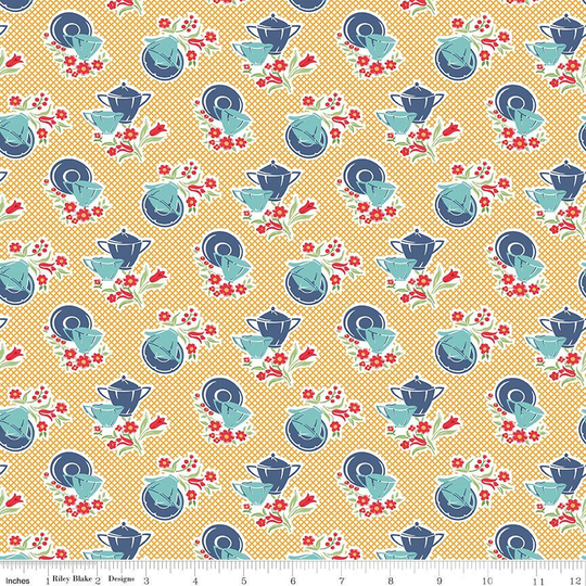Lori Holt Cook Book Fabric By Riley Blake - Yellow & Blue Dishes The 1/2 Yard Or Fat Quarter