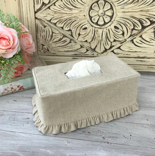 Natural Linen/Cotton Blend Ruffle Rectangle Tissue Box Cover