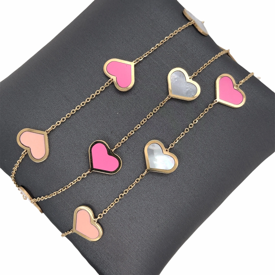 14K Solid Gold Lionheart Signature Italian Gold, Gemstone Inlay, Pink Paste, Peach Coral, Mother Of Pearl Heart Charm Chain Bracelet