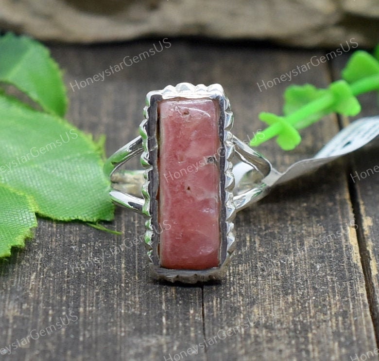 Rhodochrosite Ring 8 3/4 Us Silver Ring, Handmade Statement Birthstone, Boho Hippie, Costume Jewelry #ha 26 Body