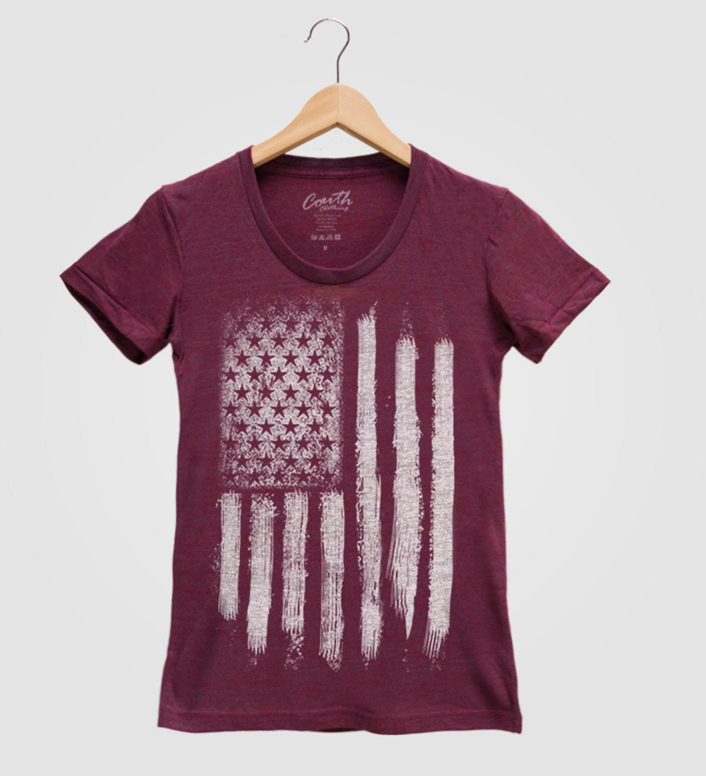 Us Flag Women Tri-Blend Shirt Hand Screen Print