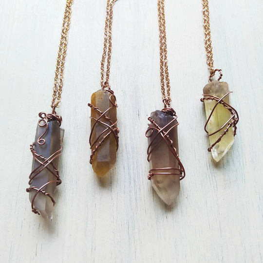 Lemurian Citrine Quartz Necklace, Natural Smokey Crystal in Copper, Crystal Healing Raw Stone