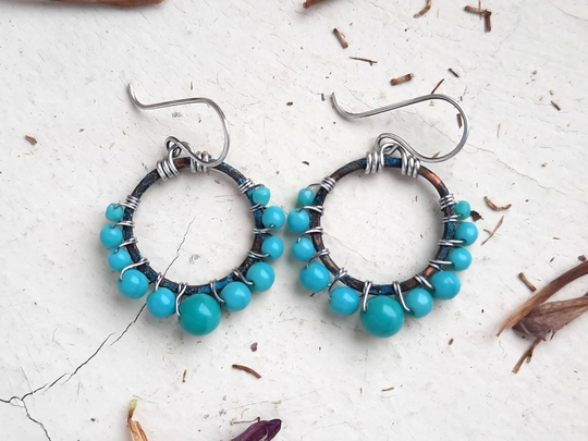Verdigris Patina Copper Earrings With Czech Glass Beads, Sterling Silver Earwires, 1.5 Inches, Hammered Copper, Wire Wrap, Dangle