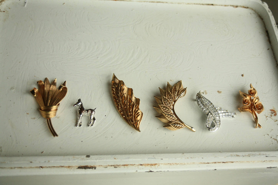 Set Of Six Coro Brooches, Gold Leaf Brooch, Horse Rhinestones, Flower, Grass, Vintage Jewelry, Costume Art, Creating, Fall