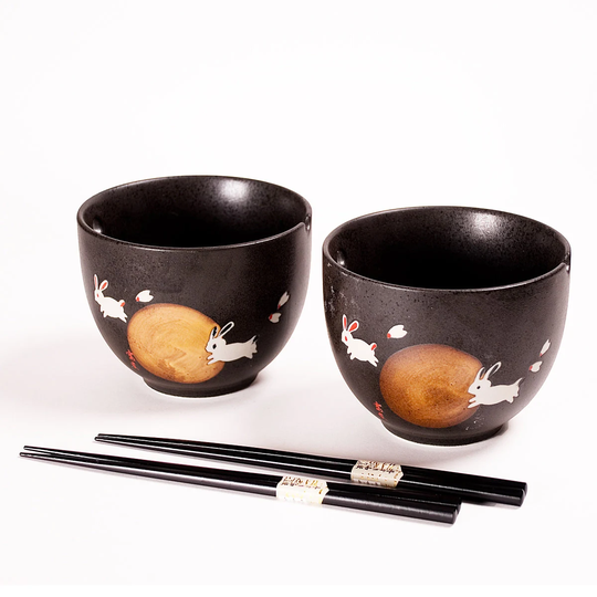 Japanese Moon Rabbit Design Couples Bowl Set Quality Porcelain 16 Fl Oz Multi Purpose Noodle Of 2 With Bamboo Chopsticks