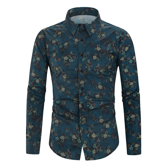 Men's Long-Sleeved Shirt Lapel Single-Breasted Retro Printed Cotton Polyester Blended Flowers Slim Fit Male For Casual Shirt - green, m