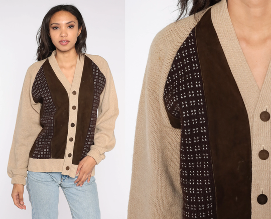 70S Cardigan Tan Brown Wool Blend Button Up Sweater Boho Faux Suede Color Block Grunge Grandpa Knit Vintage 1970S Medium