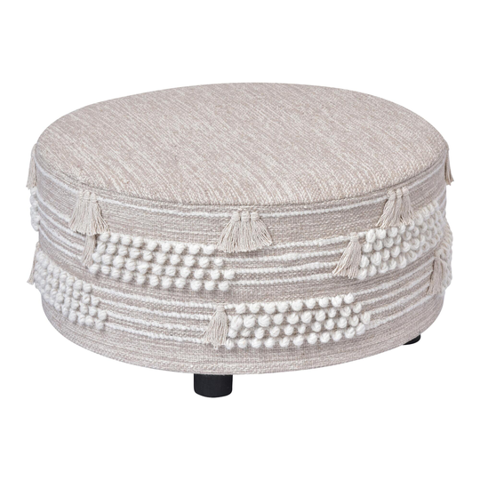 Round Tan and Natural Wool Upholstered Ottoman with Tassels: Brown/Natural by World Market