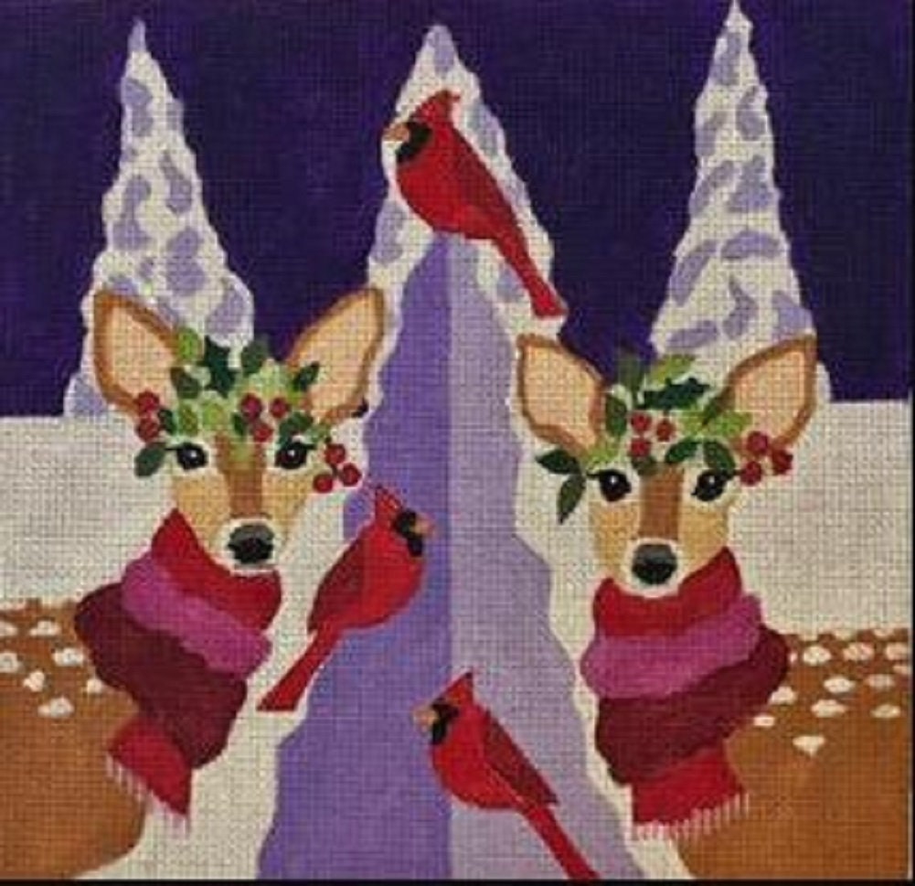 Needlepoint Handpainted Christmas Melissa Prince Fawns & Cardinals 10x10 -Free Us Shipping