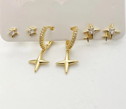 14K Gold -6 Piece Set, Ear Sets, Multi Earring Star Jewelry Gifts, Gold Earrings, Jewelry, Filled North Set