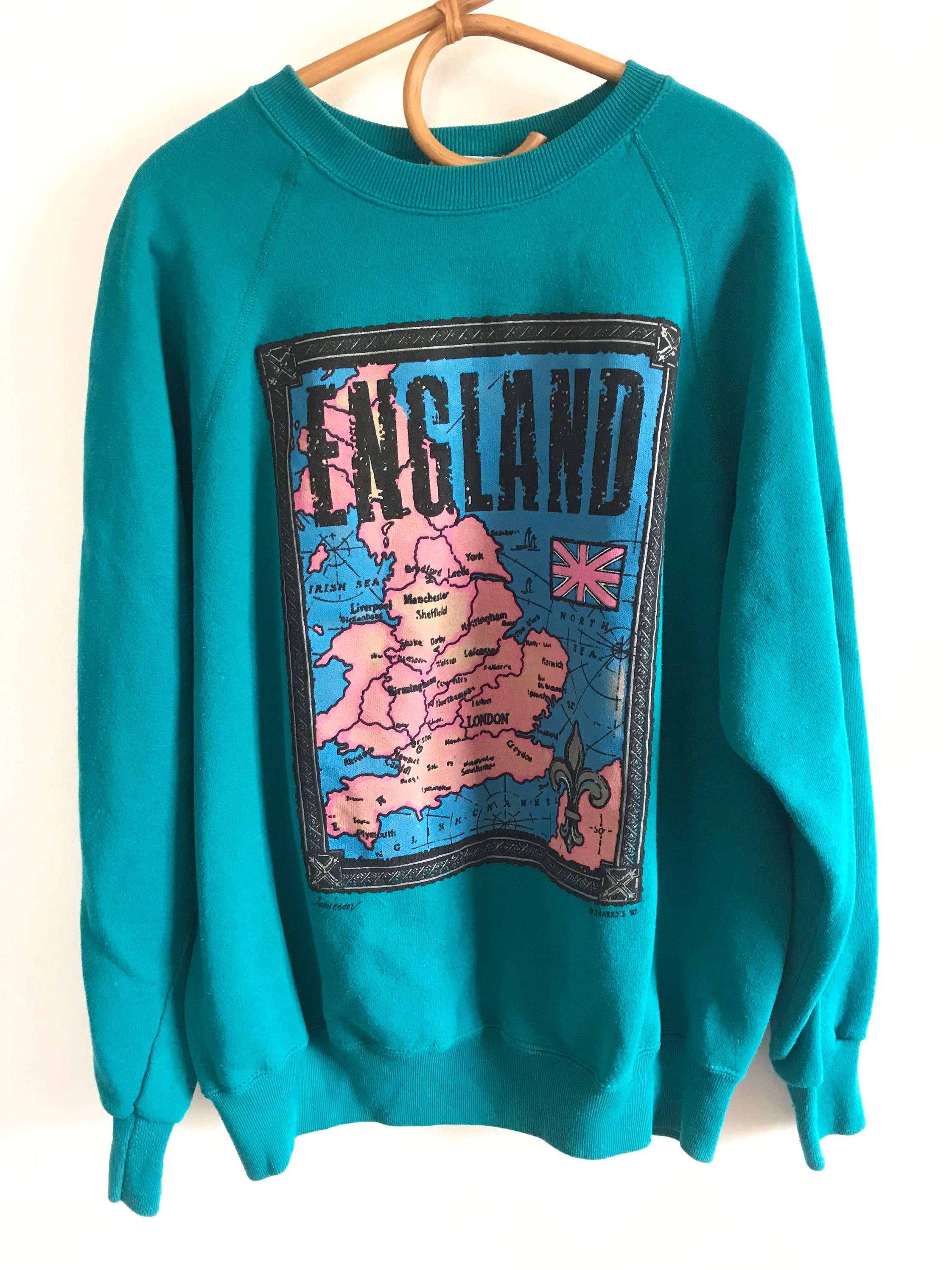 1990 Cotton Island 50/50 Blend England Graphic Crewneck, Xl, Extra Large, Map Sweatshirt, Art Growing Sharkys