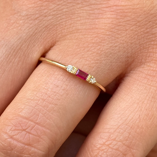 Birthstone Ring, Baguette Gemstone 14K Solid Gold Minimalist Dainty Personalized Gift