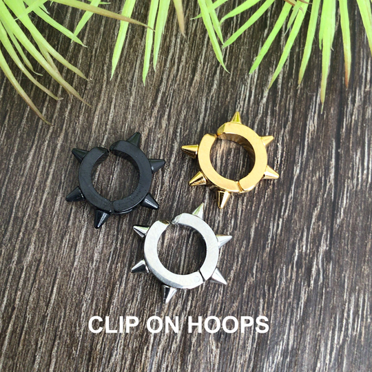 No Piercing Clip On Hoops, Clip Earrings, No Ear Cuff, Spike Hoops Hoop Gothic Earring, Mens