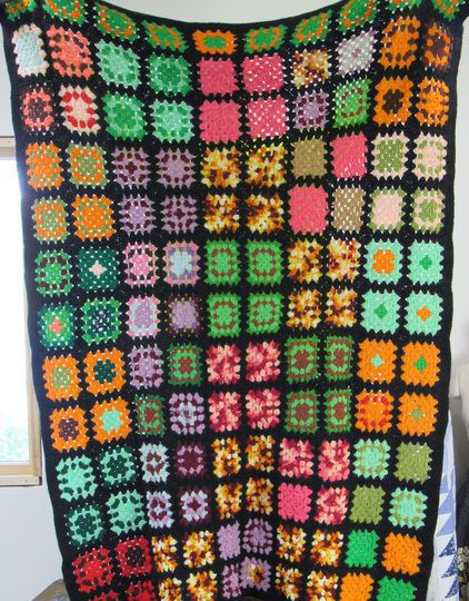 Handmade Granny Square Afghan 44x56" Vintage Crocheted Wool Blend Blanket Couch Throw Black Background Lap