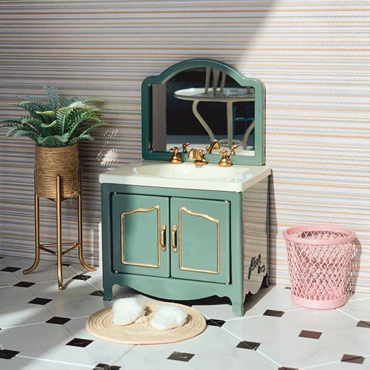 Retired Dollhouse Miniature Bathroom Sink With Mirror Vanity Dollhouse Furniture Green/White