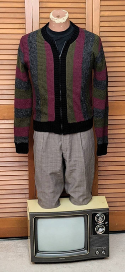 Vintage 1960S Striped Wool Blend Zip-Front Cardigan Sweater - Olive, Gray & Burgundy Men's Size Small/Med