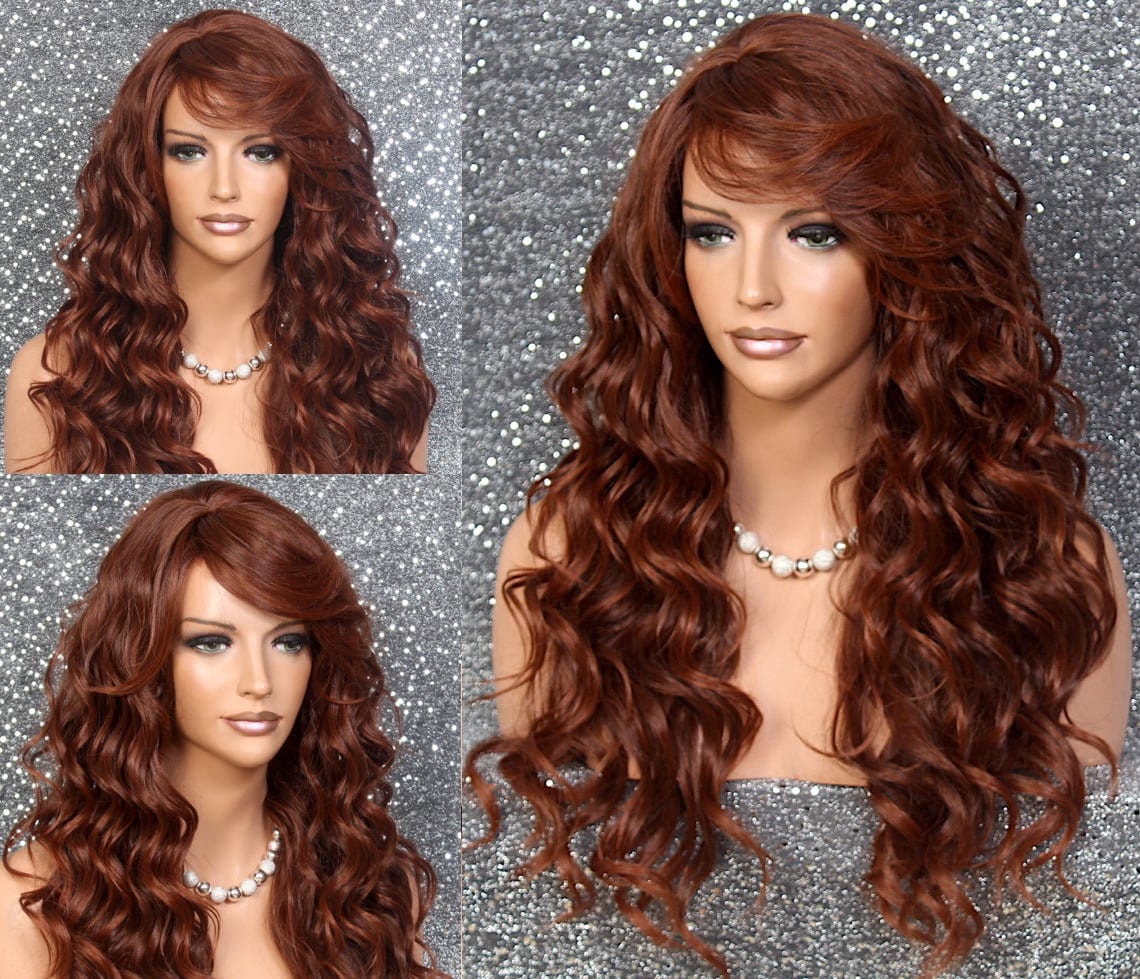 Auburn Mix Full Human Hair Blend Wig Heat Ok Long Wavy Natural Bangs Off Center Part Cancer Alopecia Theater Cosplay