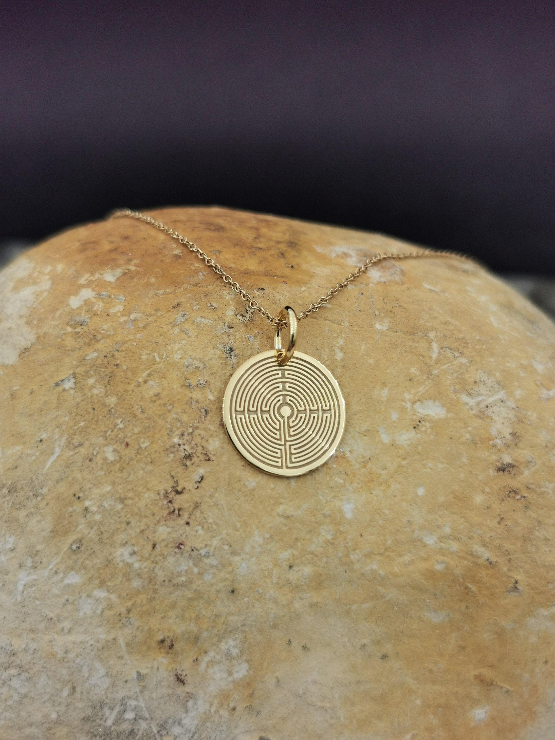 Dainty 14K Solid Gold Labyrinth Necklace, Personalized Pendant