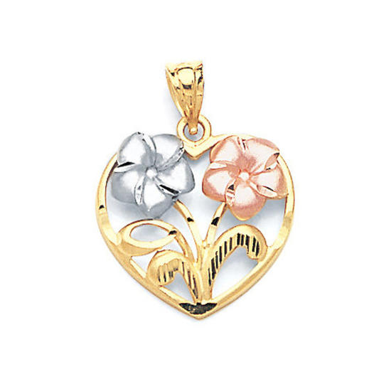 14Kt Gold Double Plumeria in Heart Pendant