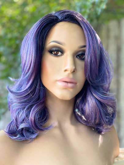 Human Hair Blend Wig Purple Blue Balayage Rooted Ombré Wig Highlights 10" Full Cap