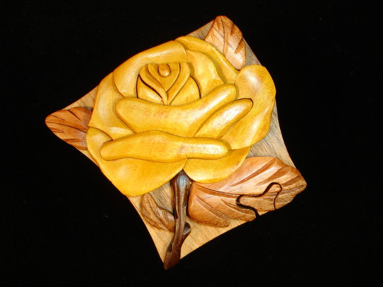 Beautifully Hand Crafted 3 Dimensional Intarsia Wood Art Yellow Rose Flower Puzzle Wooden Box