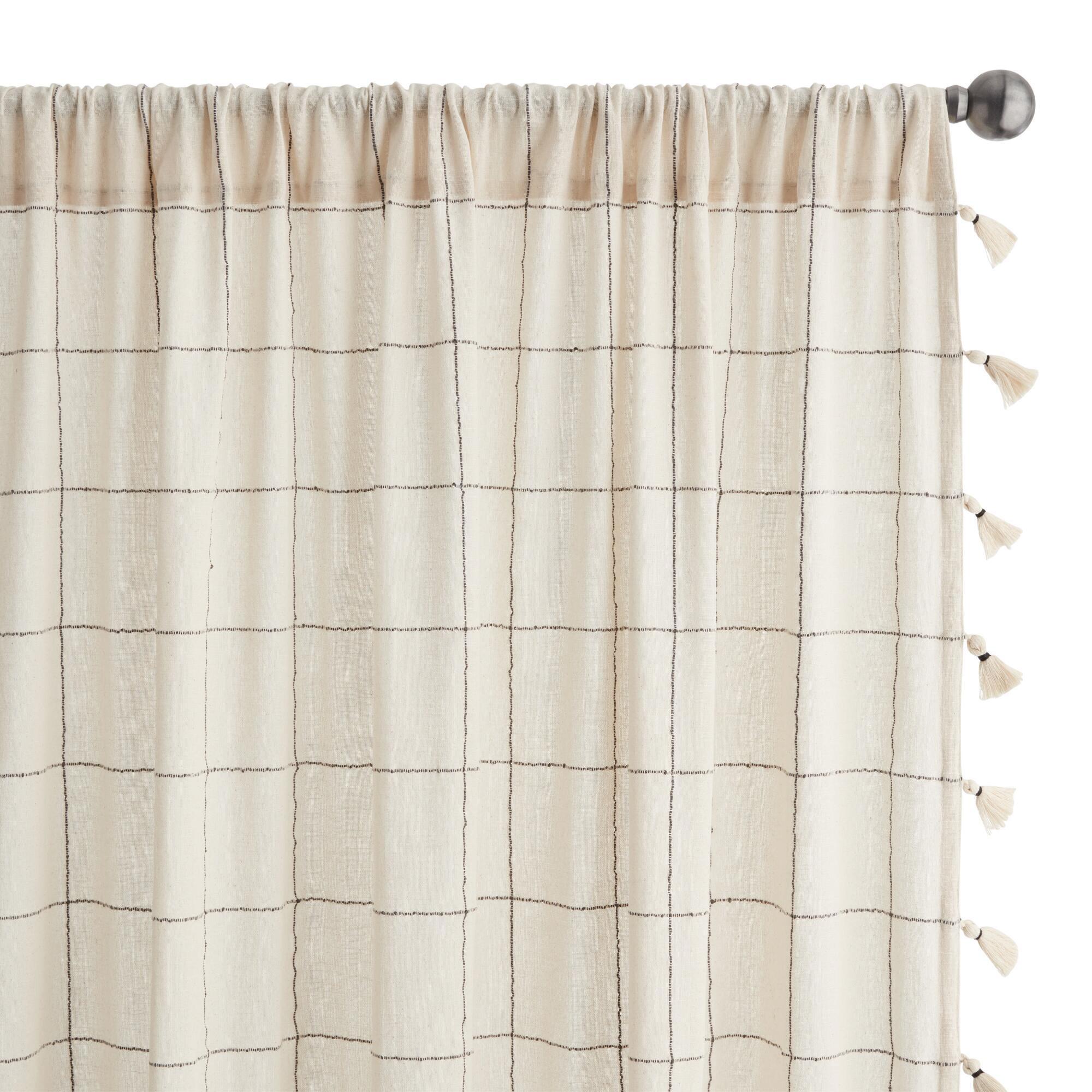 Ivory And Charcoal Madras Sleeve Top Curtains Set Of 2: White - Cotton - 84" L by World Market