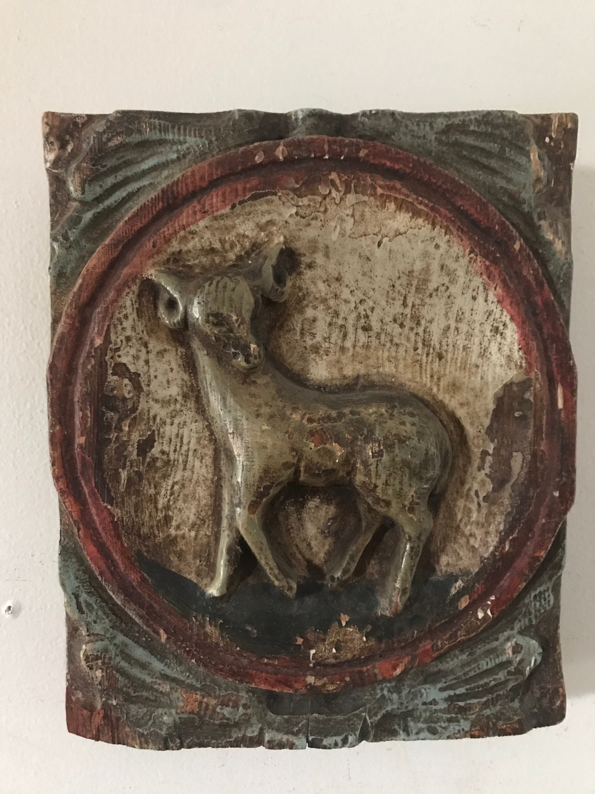 Antique French Wood Ram Polychrome Fragment Carved Architectural 19Th C