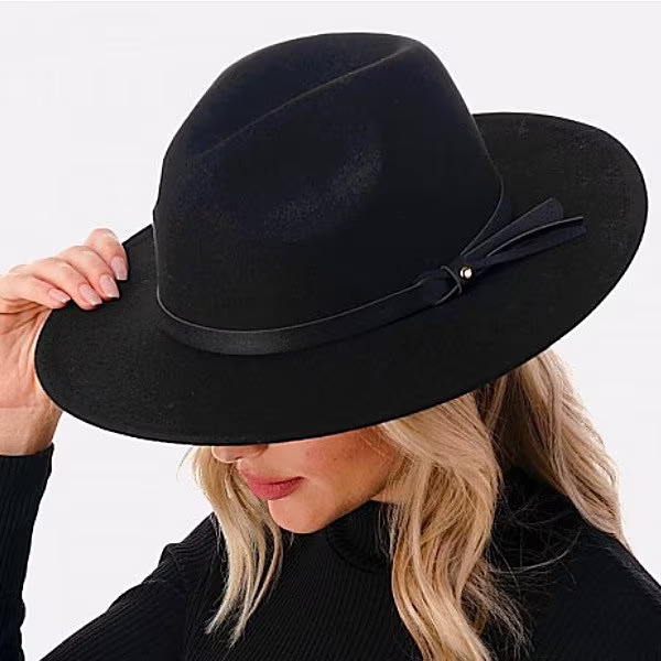 Black Fedora Hat Wool Felt Blend Wide Brimmed Panama Boho Chic Style For Her Woman Girl Hipster Parties Vacation
