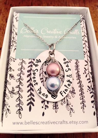 My Sweet Peas Hand Stamped Stainless Steel Oval Washer With Pea Pod Mothers Necklace
