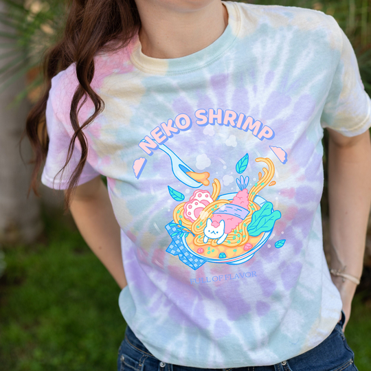 Neko Shrimp - Kawaii Pastel Rainbow Tie Dye Shirt Cat in Ramen Cute Japanese Style Cartoon Art Y2K Aesthetic